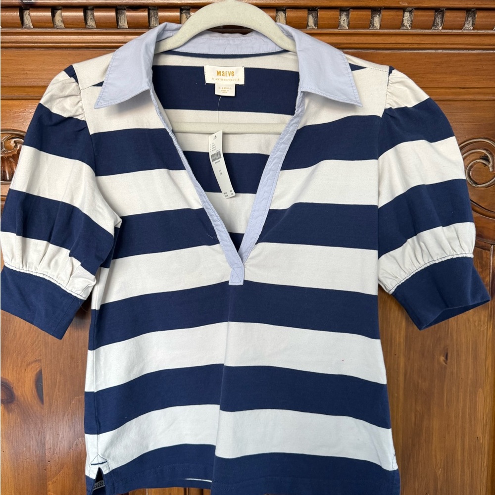 Maeve Navy and White Striped Polo with Puff Sleeves